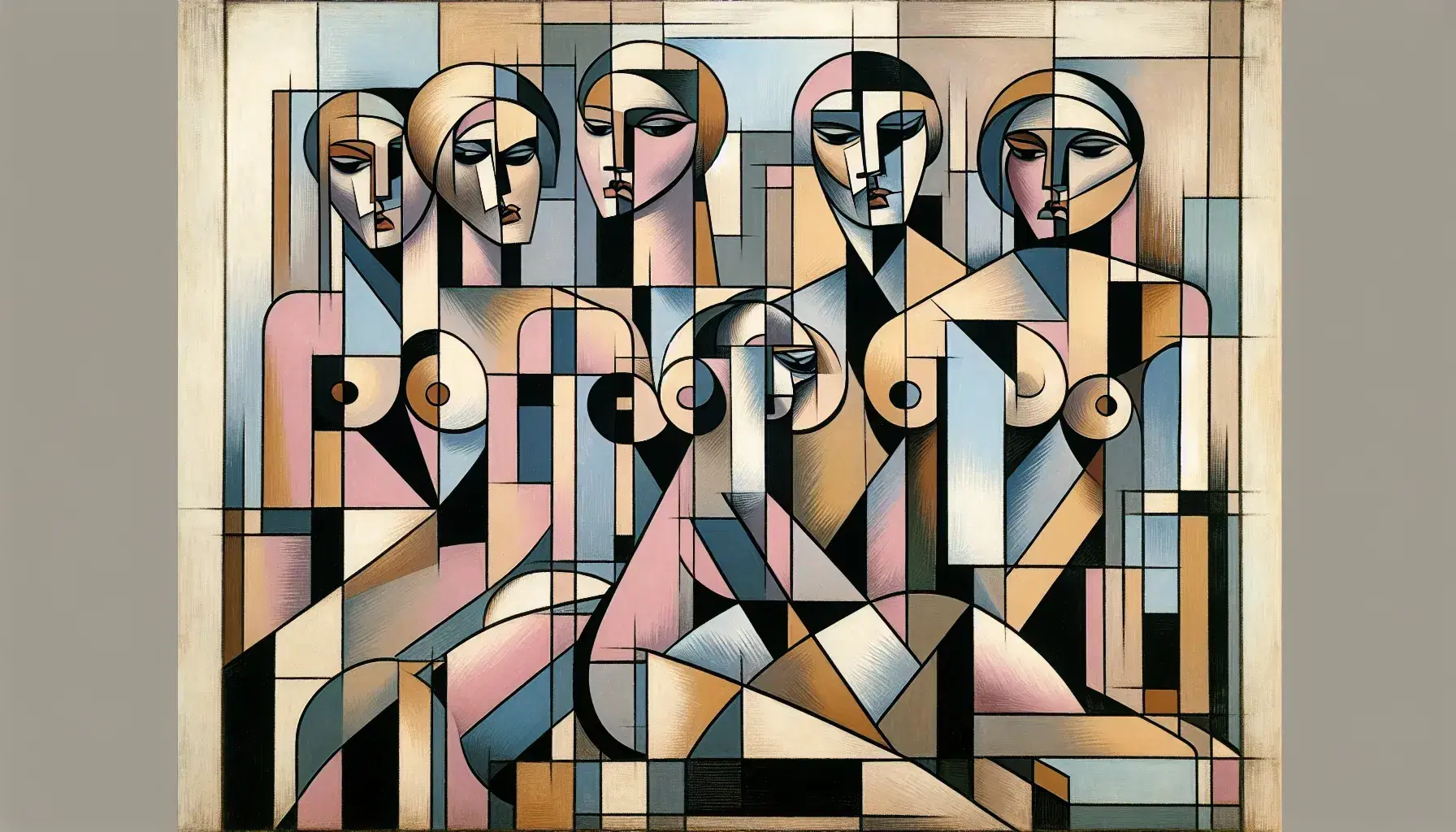 Quadro cubista inizio XX secolo con cinque figure femminili stilizzate in toni di rosa, blu, beige e marrone, contorni neri e bianchi.