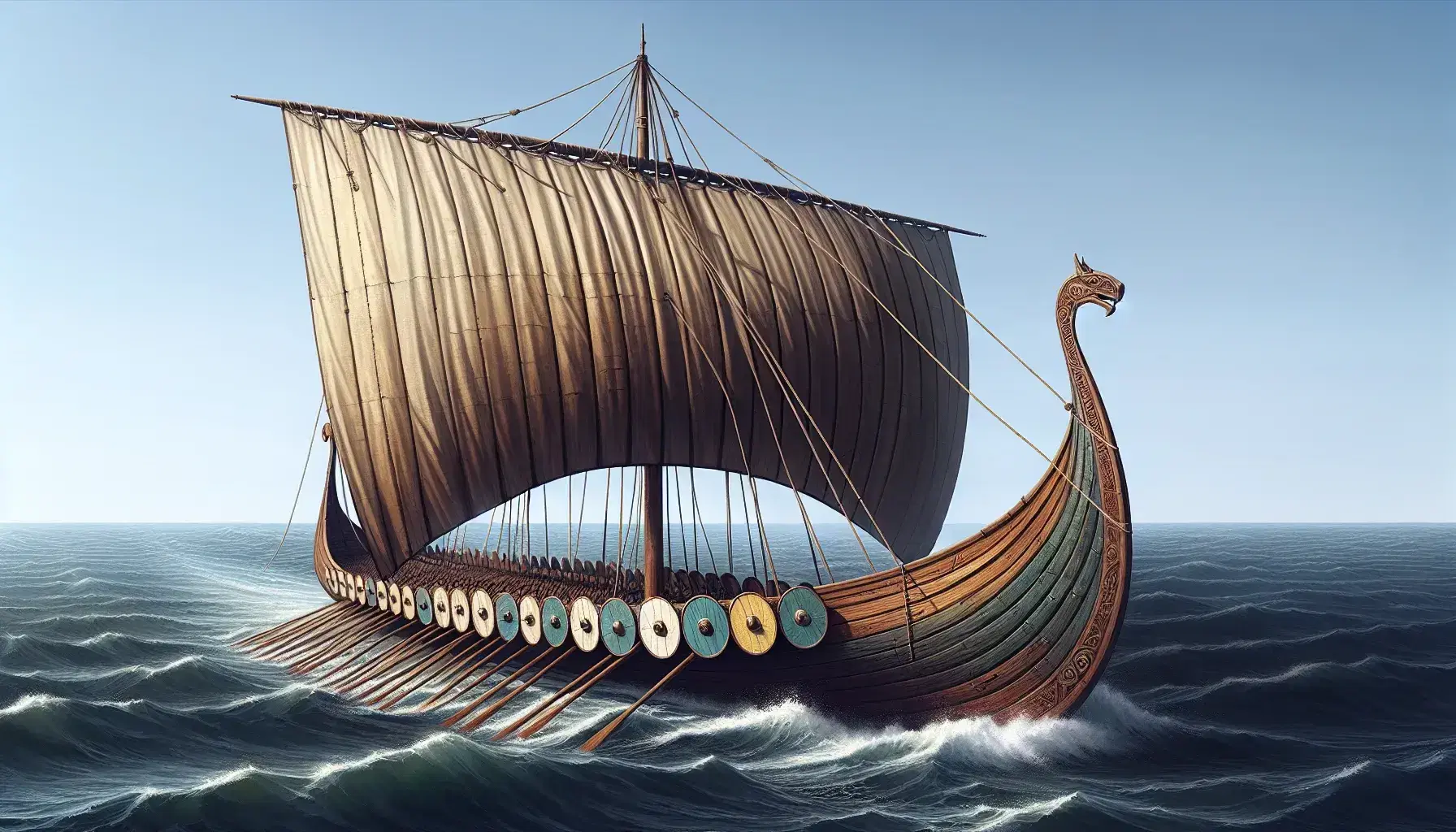 Viking longship at sea with a billowing white sail, dragon head carvings, and shields in blue and yellow, against a backdrop of a rugged coastline.