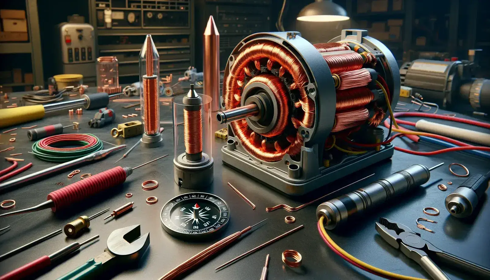 Banco da lavoro tecnico con motore elettrico aperto, solenoide, bussola e cavi colorati, riflettendo concetti di elettromagnetismo.
