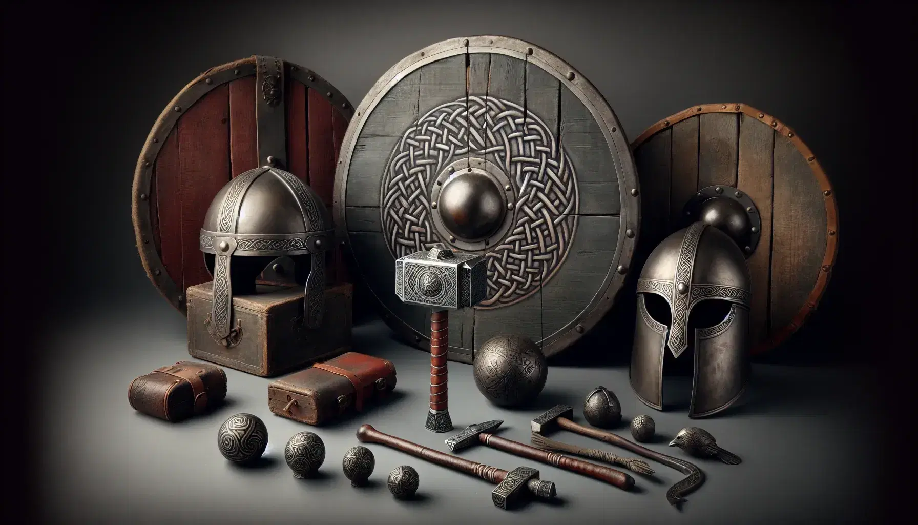 Viking artifacts including a Mjölnir pendant, red and black painted wooden shield, steel helmet, iron wrist guards, and carved animal figures on a grey background.