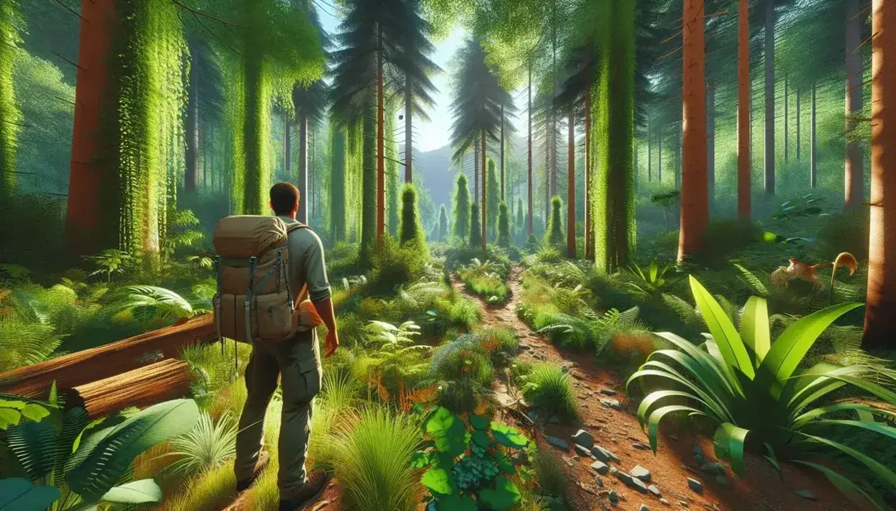 Hiker with backpack observes the lush forest, path visible between tall trees and various vegetation, sunlight filters through the leaves.