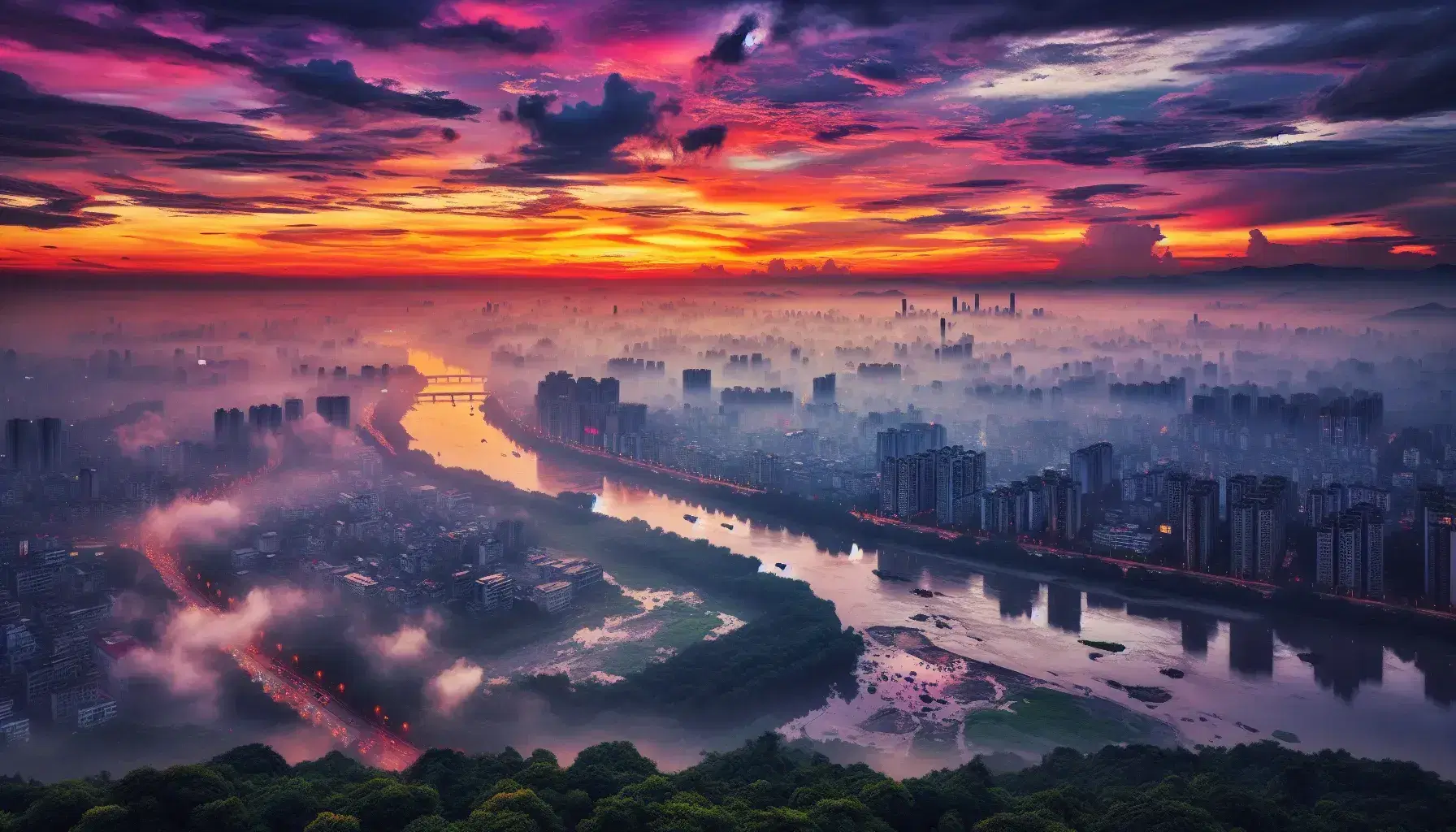 Tramonto in città con cielo colorato sopra smog grigio, fiume inquinato, alberi verdi e uccelli in volo.