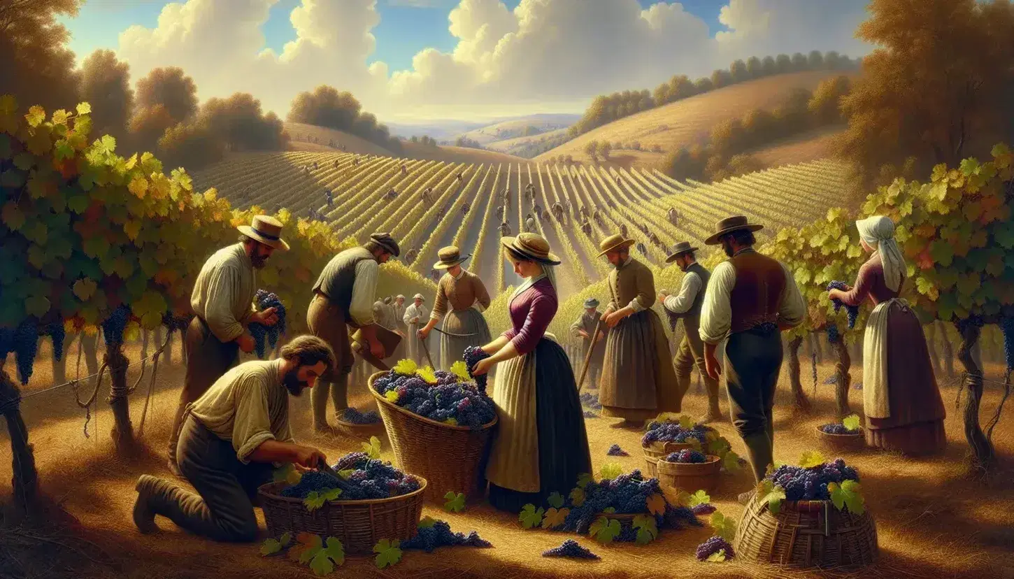 Vendemmia ottocentesca in Italia, contadini in abiti d'epoca raccolgono uva in un paesaggio collinare sotto un cielo azzurro.