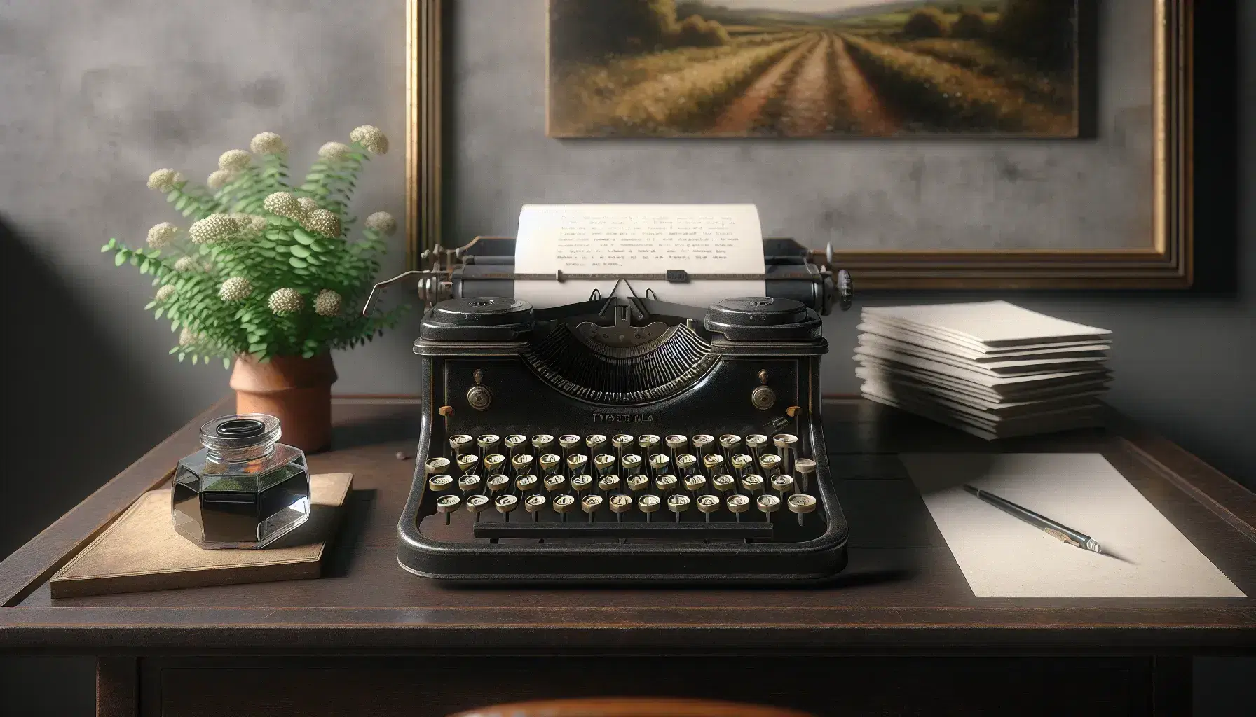 Macchina da scrivere vintage su scrivania in legno scuro con tasti avorio, inchiostro, pianta verde e quadro sfocato sullo sfondo.