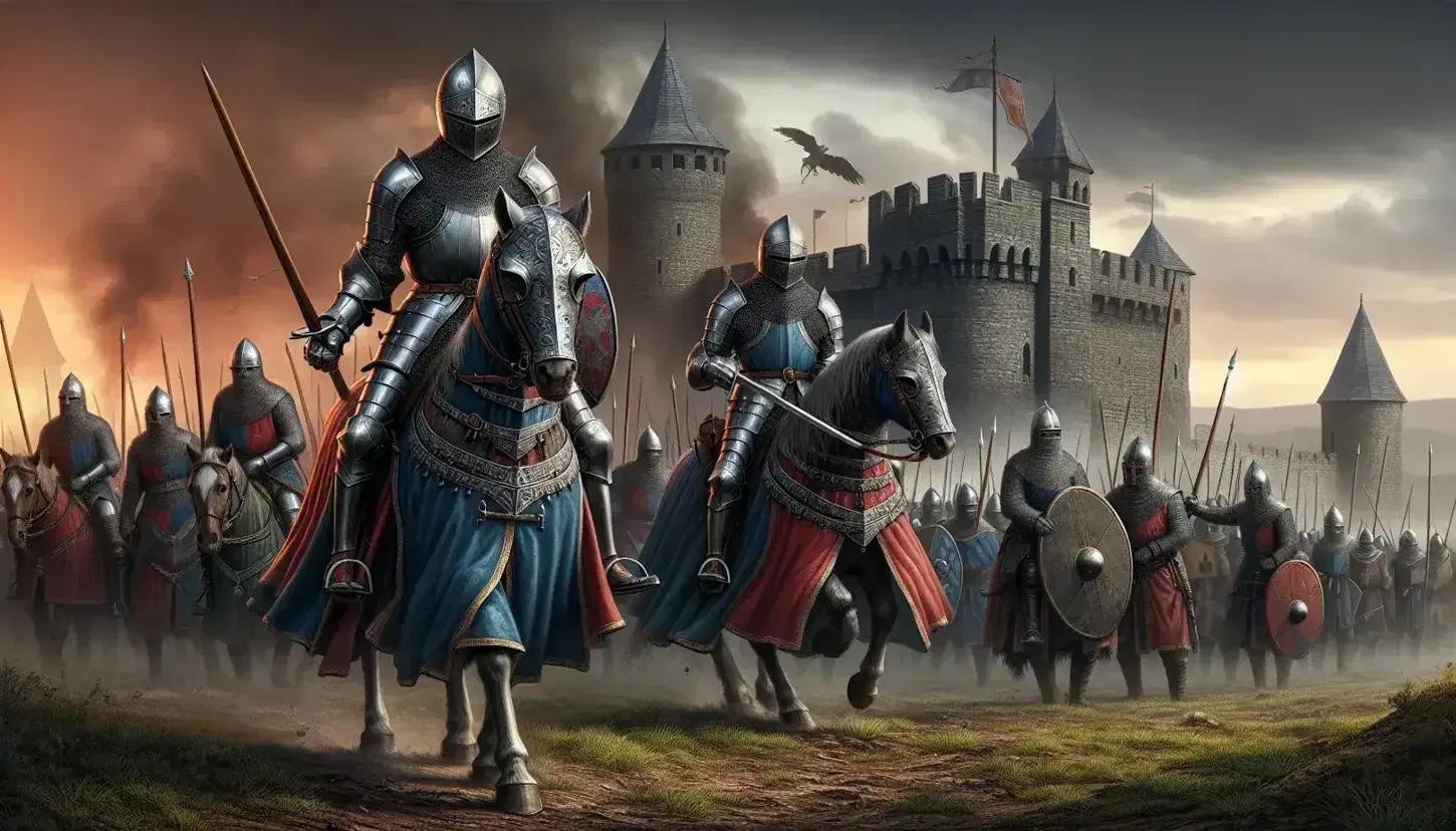 Escena de batalla medieval con caballeros armados a caballo, soldados a pie y castillo en el fondo bajo un cielo crepuscular.