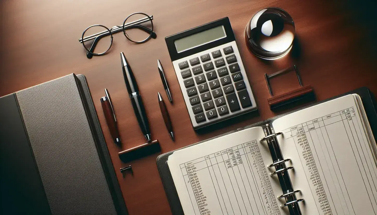 Professional office desk with calculator, eyeglasses, open ledger, pens, paperweight, potted plant, and steaming coffee mug on a wooden surface.