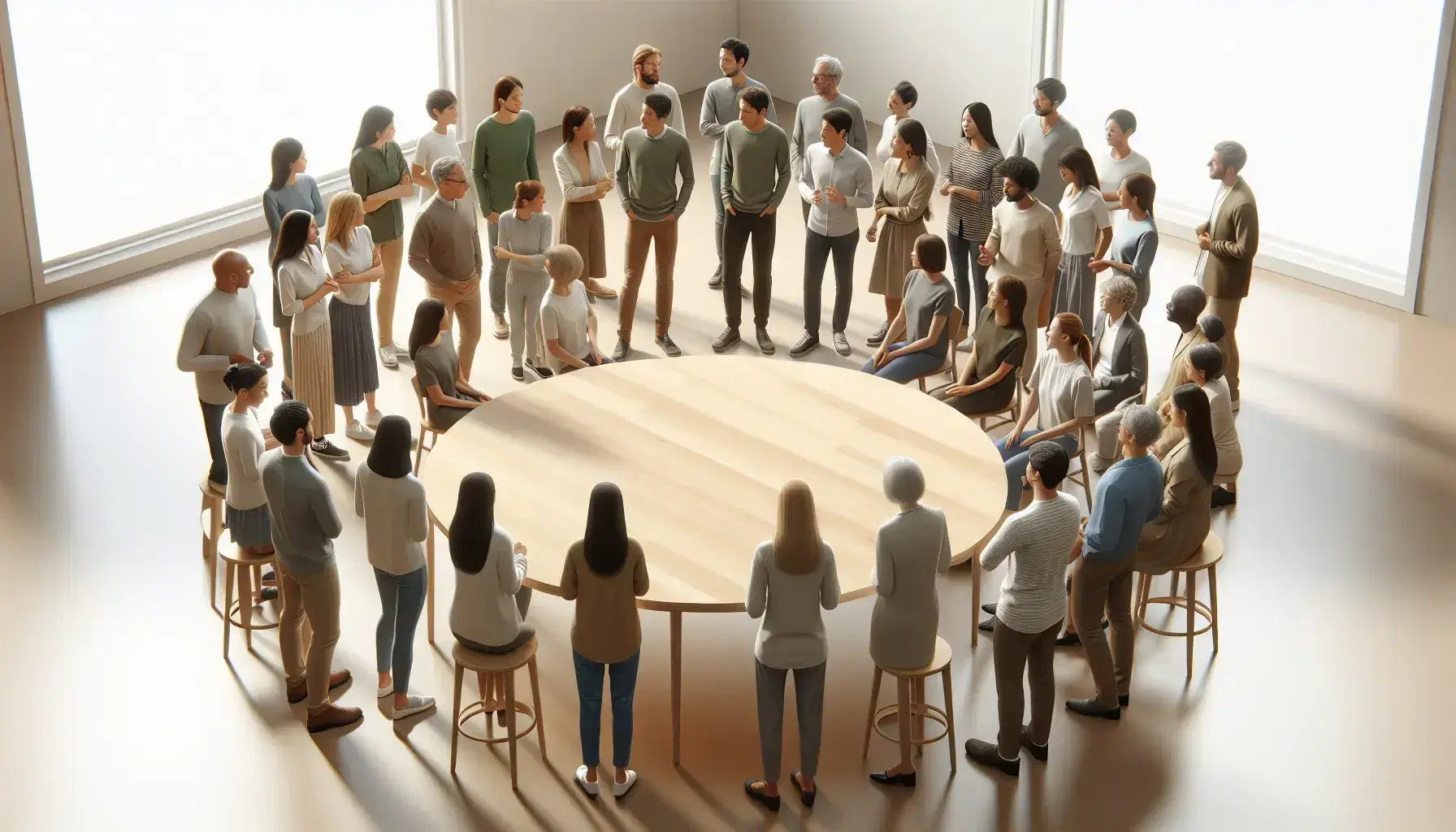 Grupo diverso de personas en animada discusión alrededor de una mesa redonda en una sala iluminada naturalmente, reflejando intercambio de ideas y diversidad.