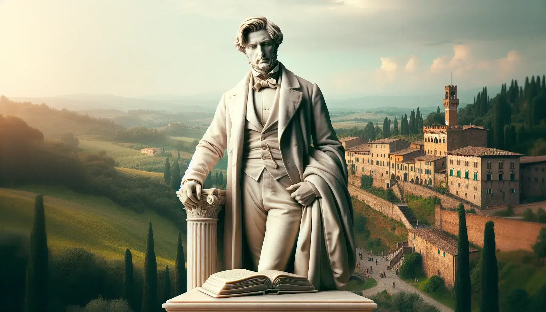 Statua in marmo bianco di uomo pensieroso con soprabito e mano su libro, su sfondo di colline italiane e cielo azzurro.