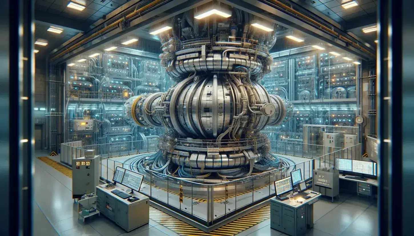 High-energy physics lab with circular particle accelerator, hazard stripes, scientist with clipboard, and scientific instruments on a steel table.
