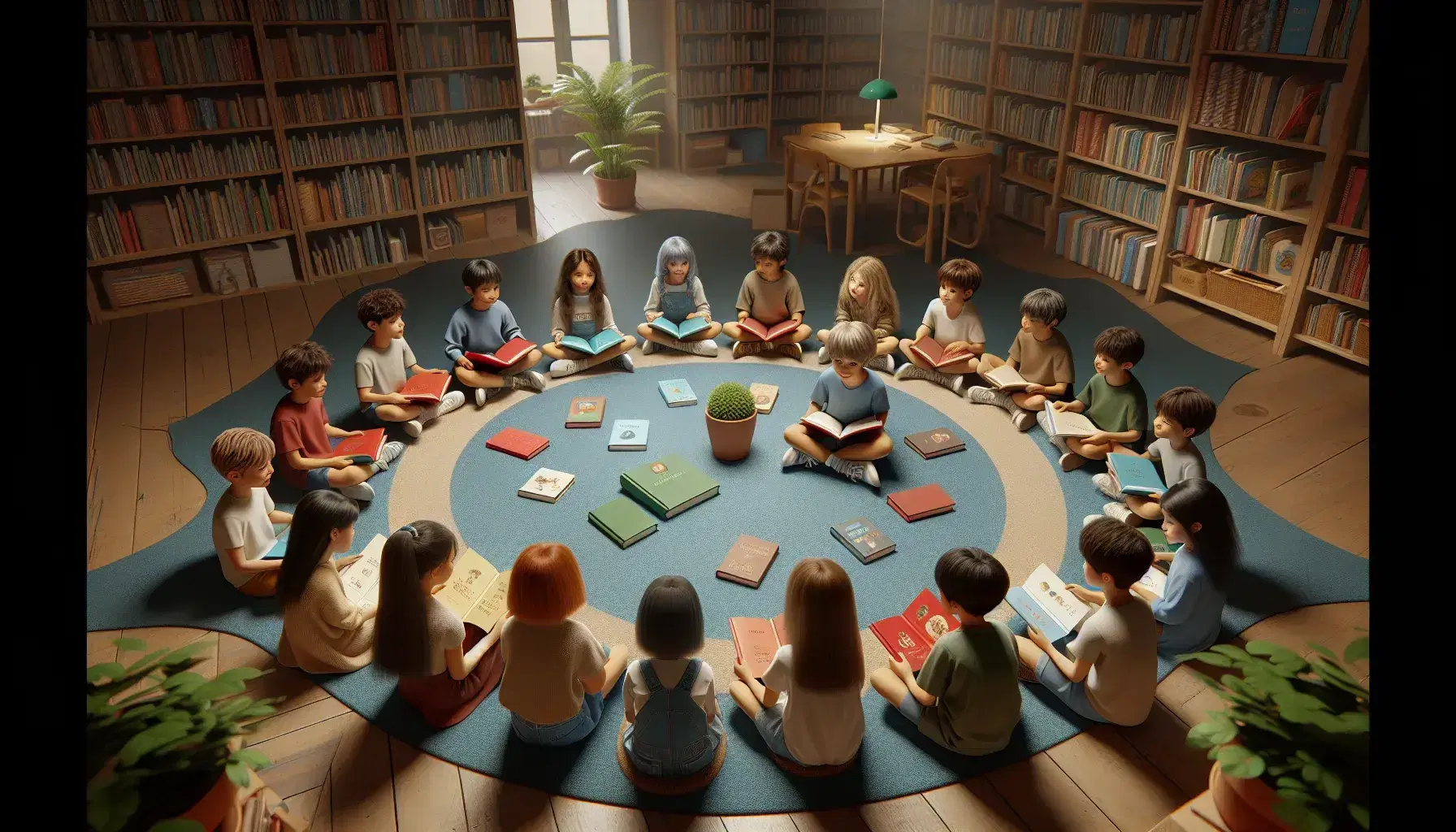 Niños concentrados leyendo libros de colores en círculo sobre alfombra azul en biblioteca escolar, con estantes de libros y planta al fondo.