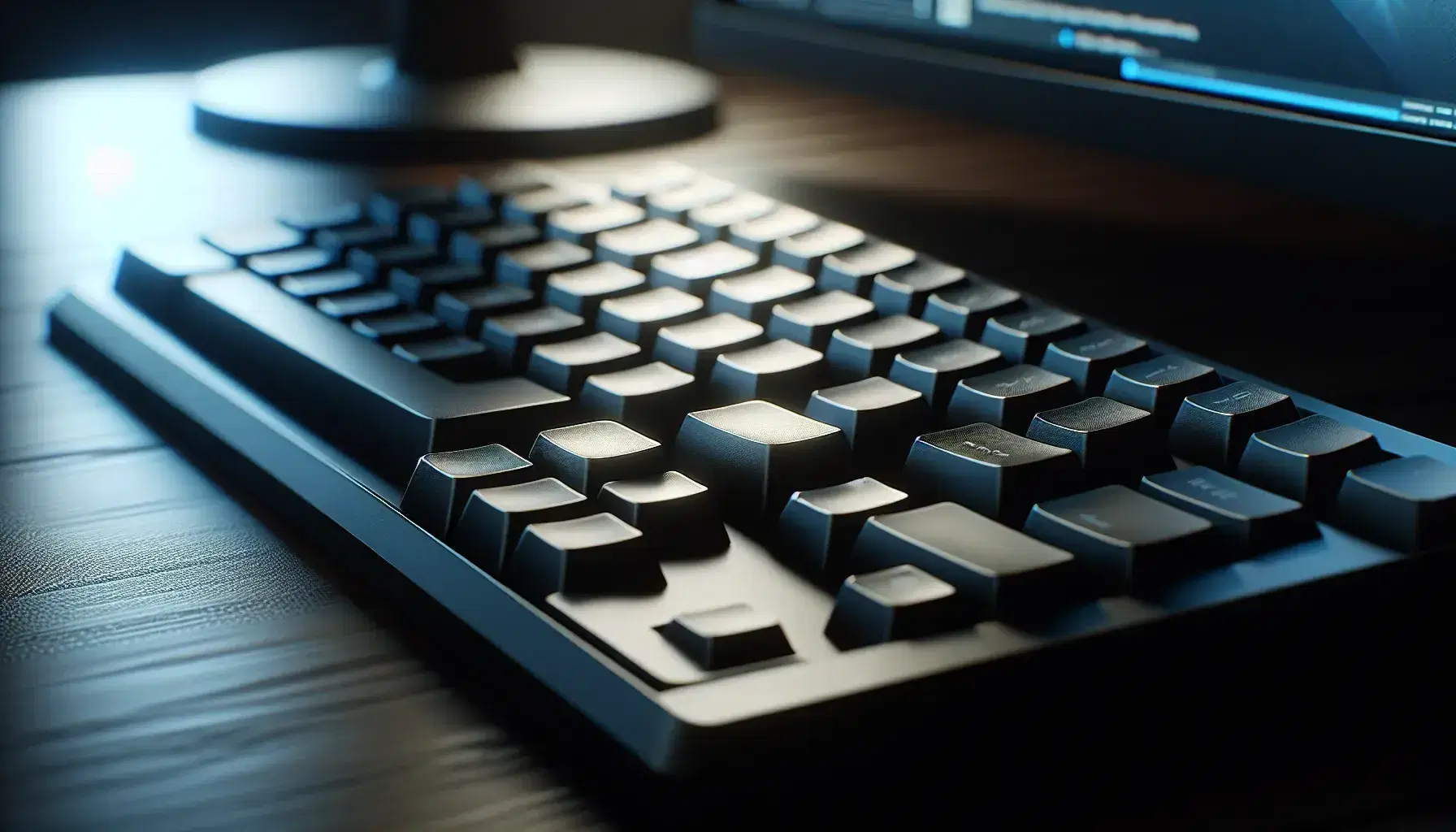 Black modern computer keyboard with ergonomic design and unmarked keys, soft light reflections, on dark wooden desk with blurry bright screen.