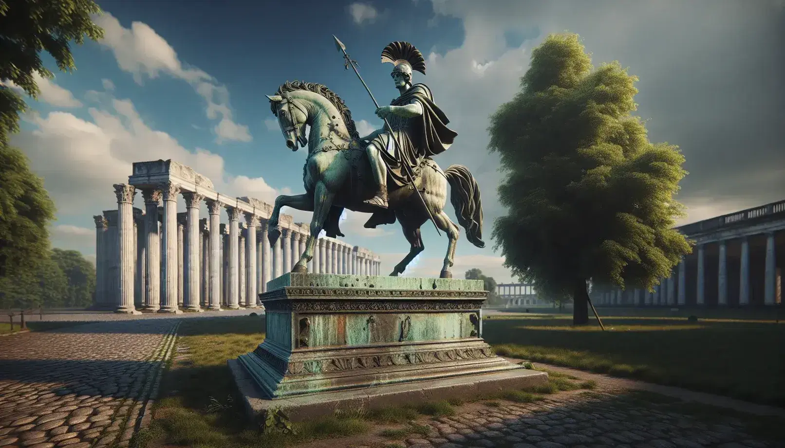 Statua equestre in bronzo di uomo in armatura romana su piedistallo di pietra, con sfondo di colonne marmoree e cielo azzurro.