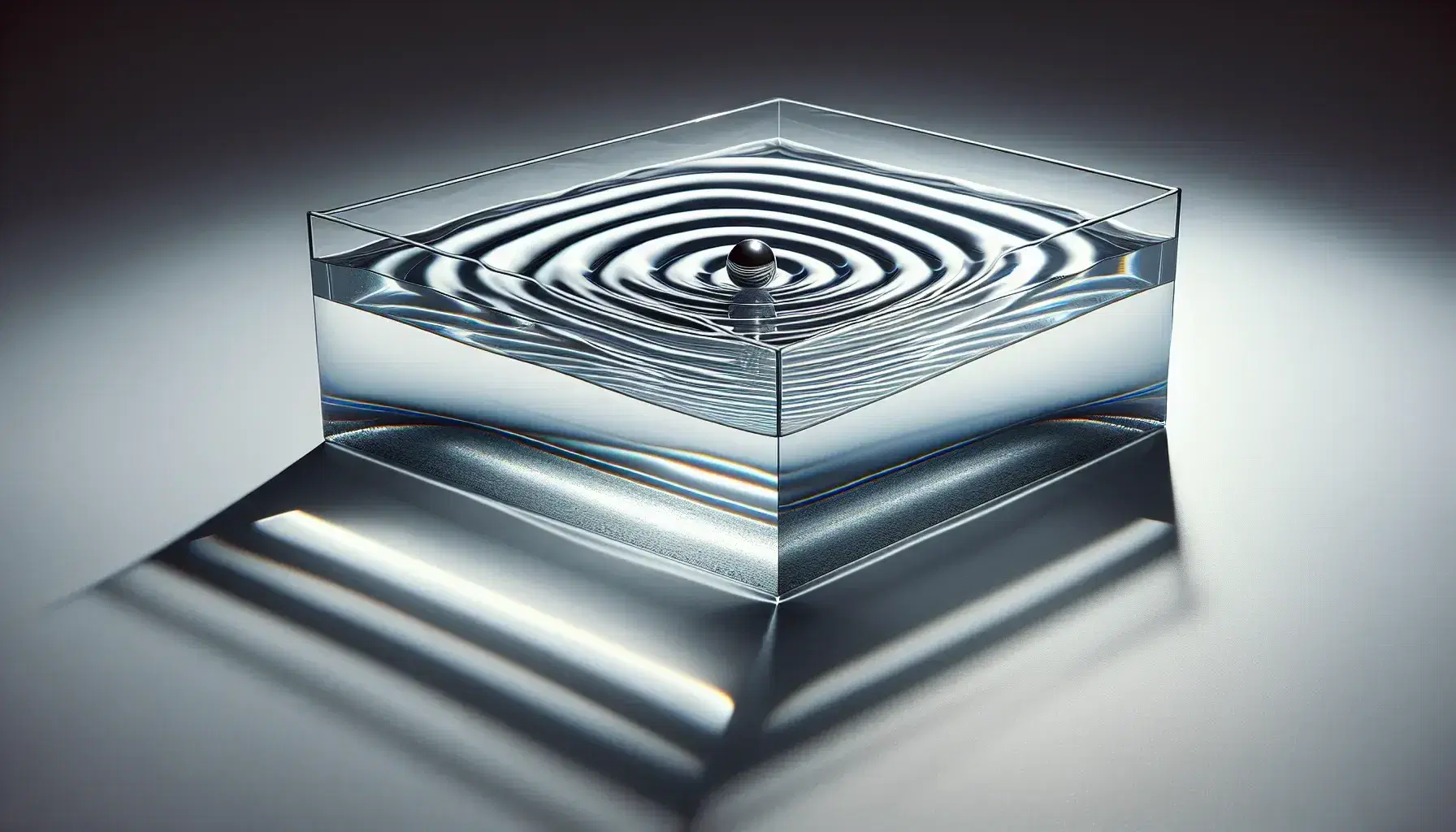 Ripple tank experiment showing concentric circular water ripples from a dropped metal ball, with wave patterns projected as light and shadow.