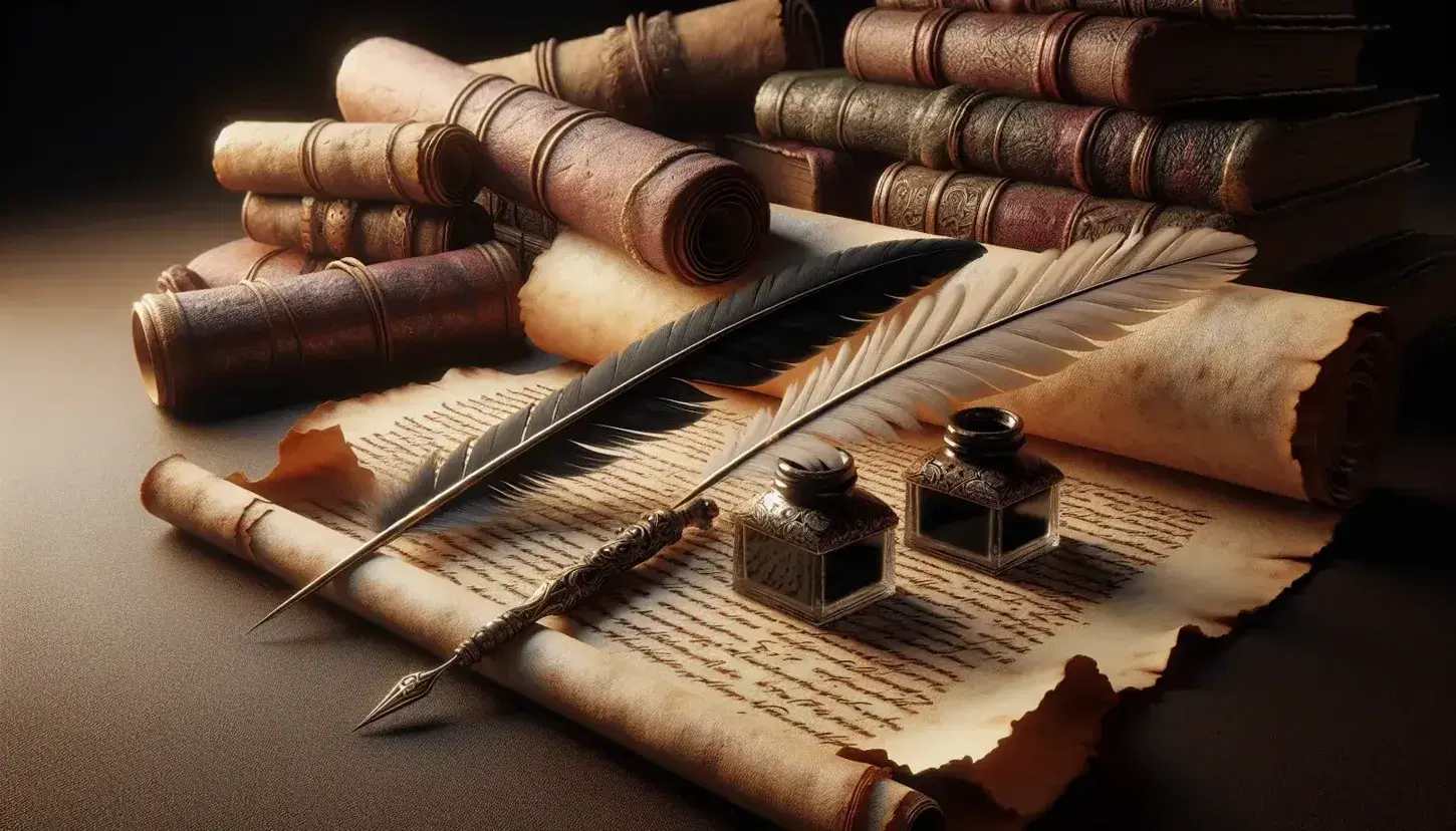 Close-up view of an ancient beige parchment scroll with frayed edges, assorted quill pens, a bronze inkwell with black ink, and blurred leather-bound books in the background.
