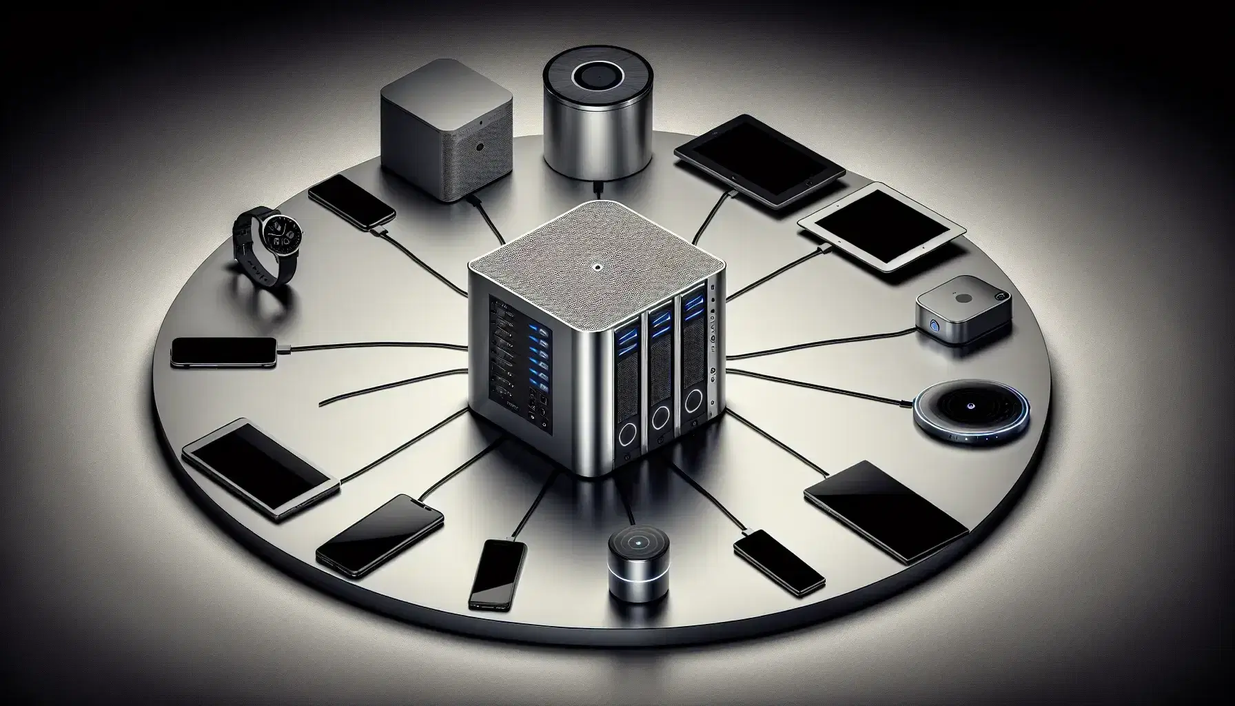 Modern computerized central hub surrounded by connected electronic devices such as digital watch, smartphone, laptop, tablet, smart speaker and TV.