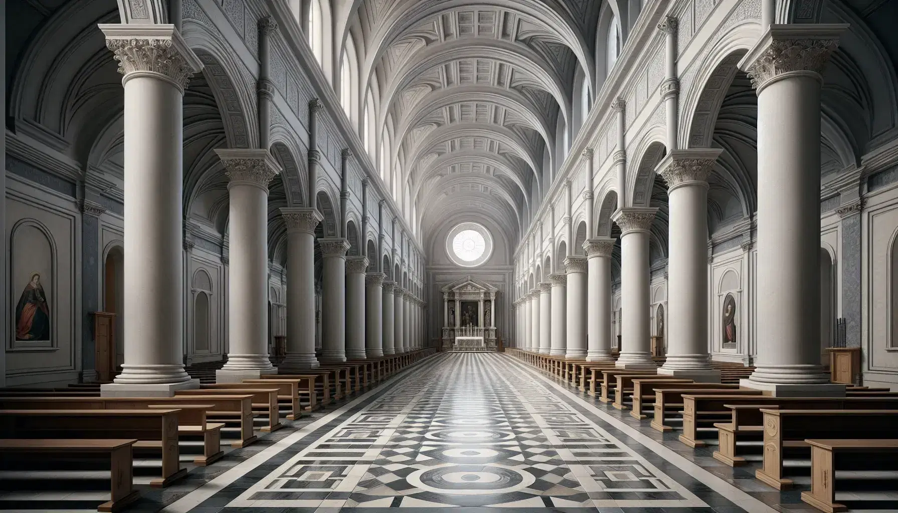 Interno di chiesa rinascimentale con corridoio centrale, colonne cilindriche, archi a botte e finestra semicircolare che illumina l'altare.