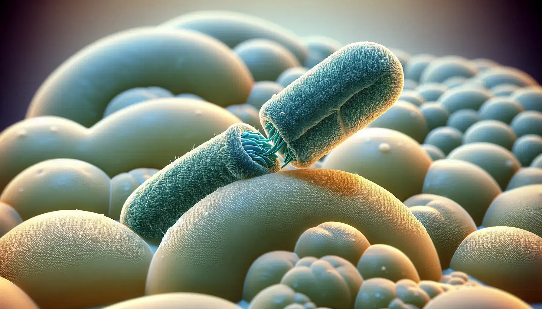 Two rod-shaped bacterial cells in conjugation with a connecting pilus on a creamy agar background, highlighting the cellular interaction.