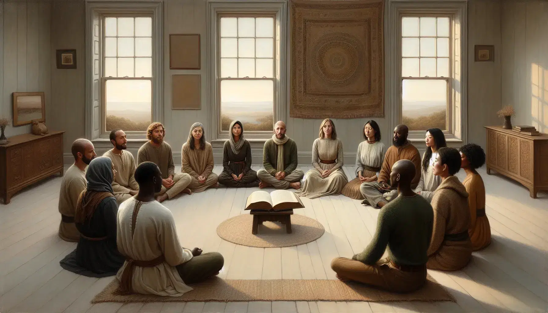 Diverse group of people sitting in a circle in a serene room with earth-toned decor, focusing on an ancient book on a wooden stand, bathed in natural light.
