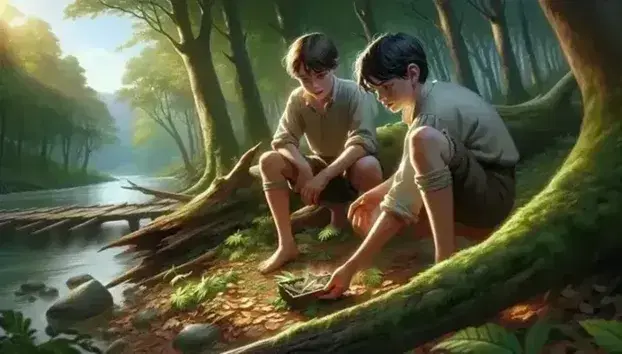 Due ragazzi in abiti vintage esplorano una foresta, scavano vicino a un tronco caduto e trovano un oggetto luccicante, con un fiume e una barca sullo sfondo.