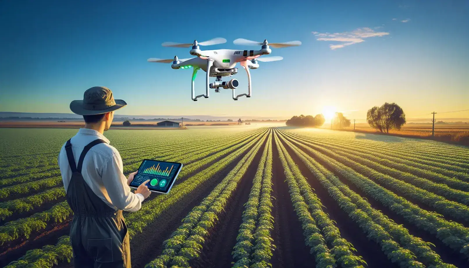 Campo agrícola con cultivos verdes y dron sobrevolando para monitoreo, bajo cielo azul, con agricultor manejando tableta a la derecha.