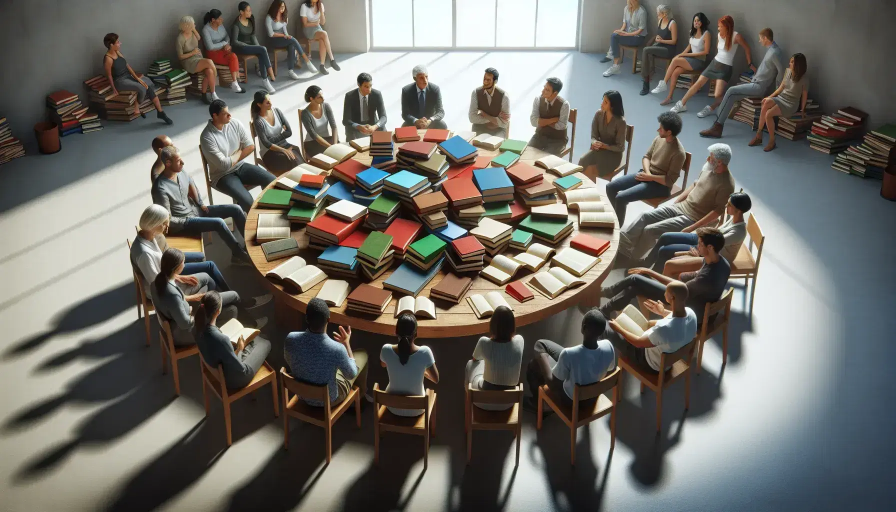 Grupo diverso de personas en reunión alrededor de una mesa redonda con libros, en una sala iluminada por luz natural.