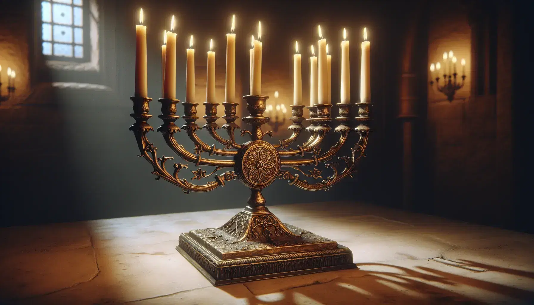 Menorah antica in bronzo con sette bracci e candele avorio accese, fiamme danzanti e sfondo sfocato che evoca un'atmosfera intima.