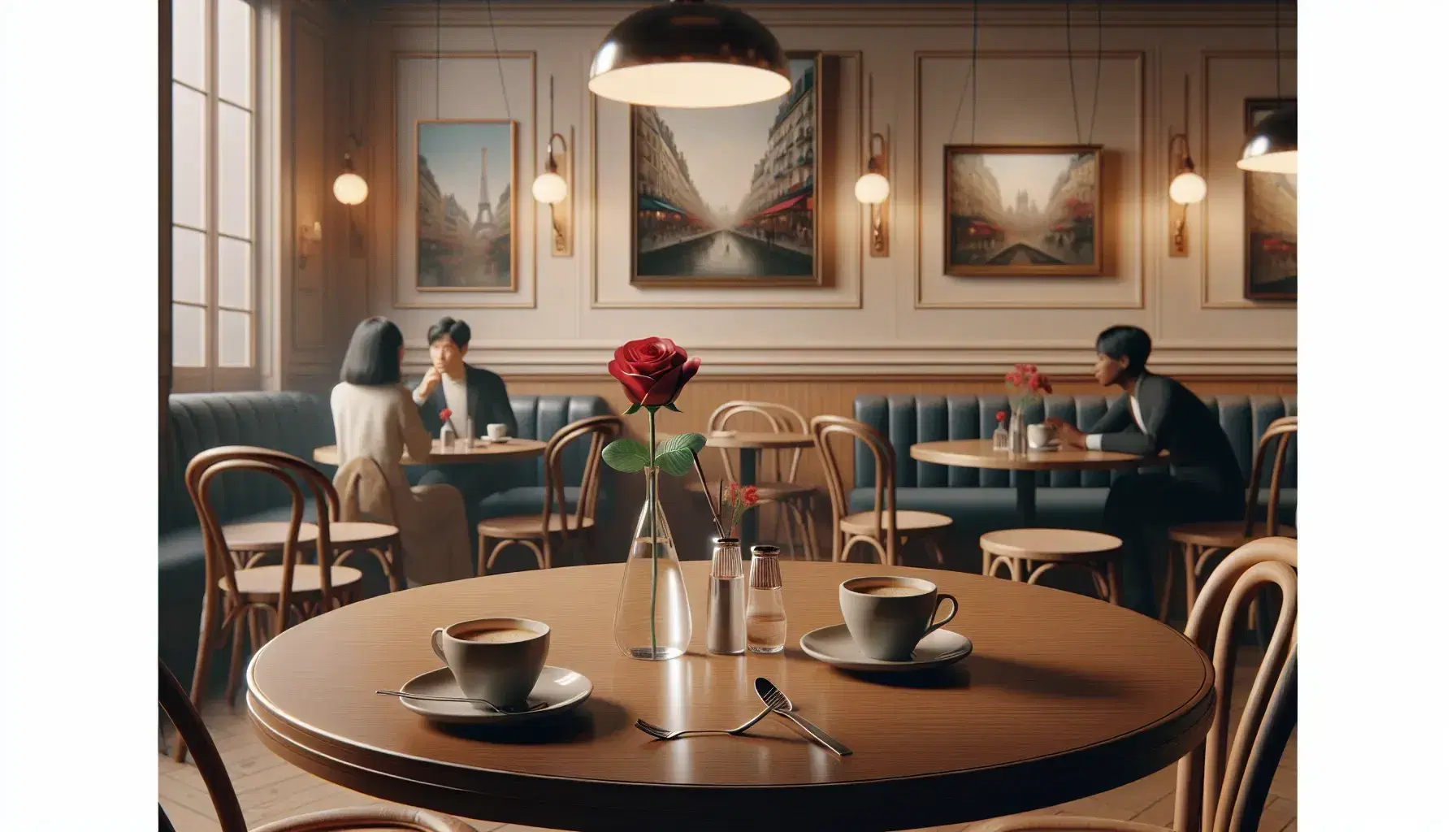 Cozy French café scene with a polished wooden table, two glass cups, a vibrant red rose in a vase, and patrons conversing in the background.