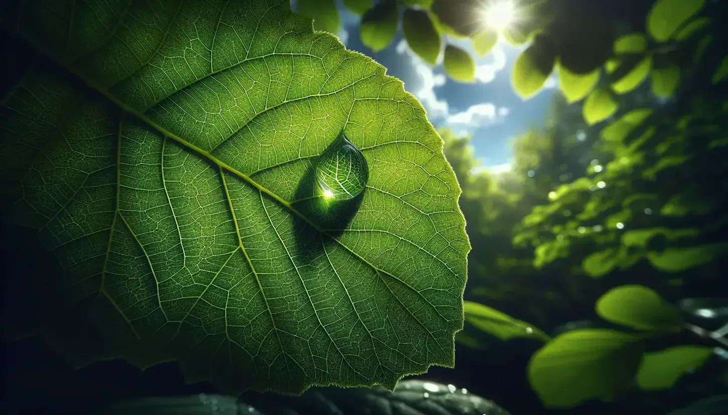 Foglia verde brillante con goccia d'acqua riflettente la luce solare, venature dettagliate, sfondo sfocato di cielo azzurro e chioma alberi.