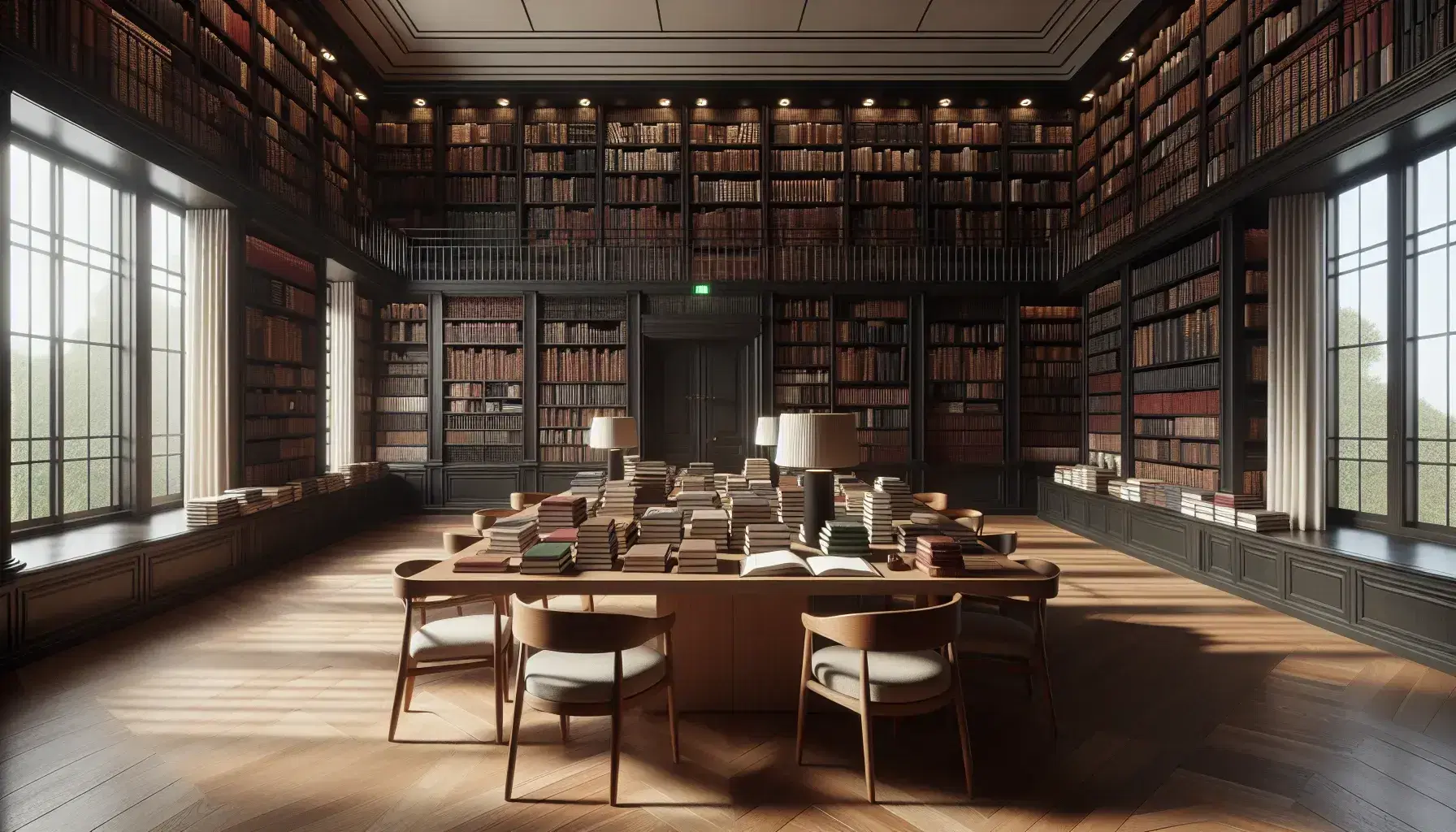 Biblioteca espaciosa con estanterías de madera oscura llenas de libros, mesa central con libros abiertos y sillas a su alrededor, ventana grande que ilumina el suelo de parqué.