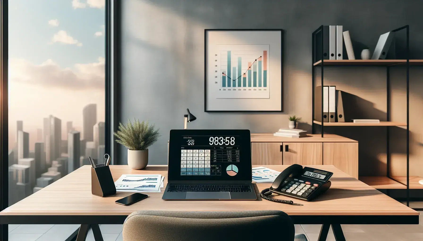 Oficina moderna y luminosa con escritorio, calculadora, papeles ordenados, teléfono, portátil mostrando gráficos y planta, silla ergonómica y ventana con vista a edificios.