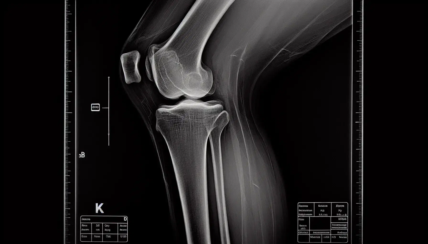 Radiografía de pierna humana mostrando fractura transversal en tibia sin signos de lesión en rodilla, fémur o fibula, con detalle de textura ósea.