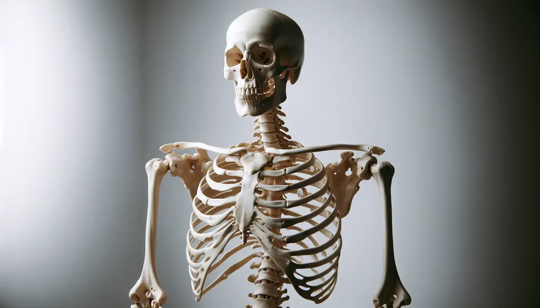 Modello anatomico dettagliato dello scheletro umano in posizione eretta su sfondo grigio neutro, con cranio, colonna vertebrale e articolazioni visibili.