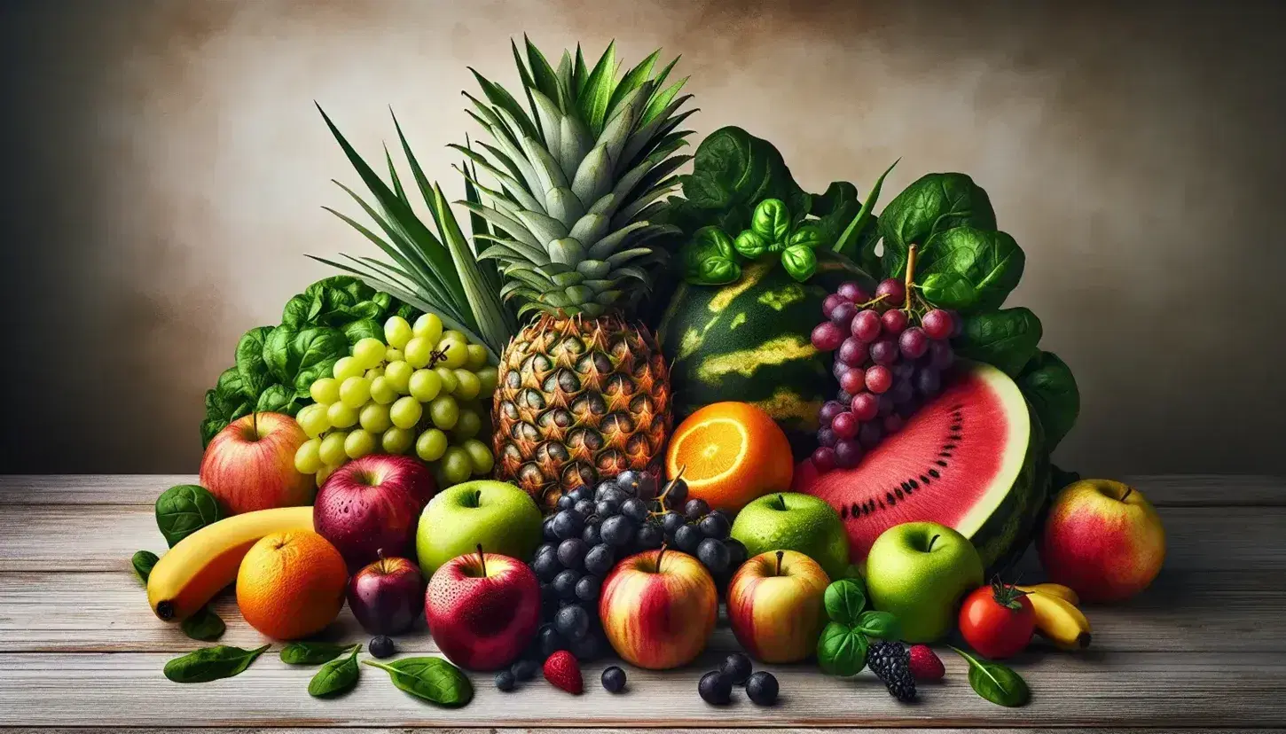 Variedad de frutas y verduras frescas sobre superficie de madera clara, con piña central, manzanas, uvas, banana, naranja y trozo de sandía, iluminadas naturalmente.