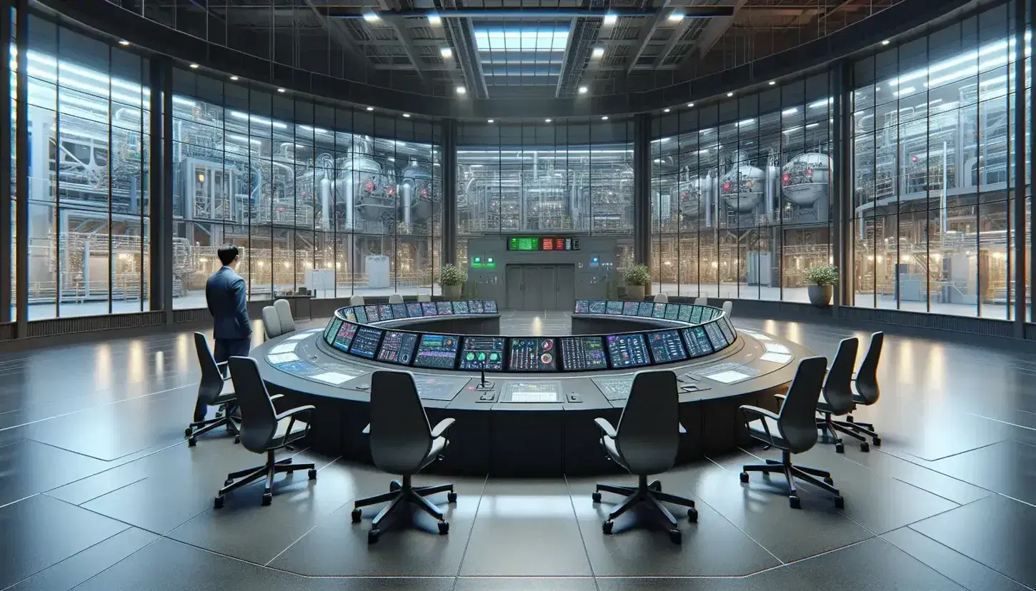 Sala de control de operaciones con mesa redonda, monitores y una persona de pie observando, tras un panel de vidrio se vislumbra maquinaria industrial.