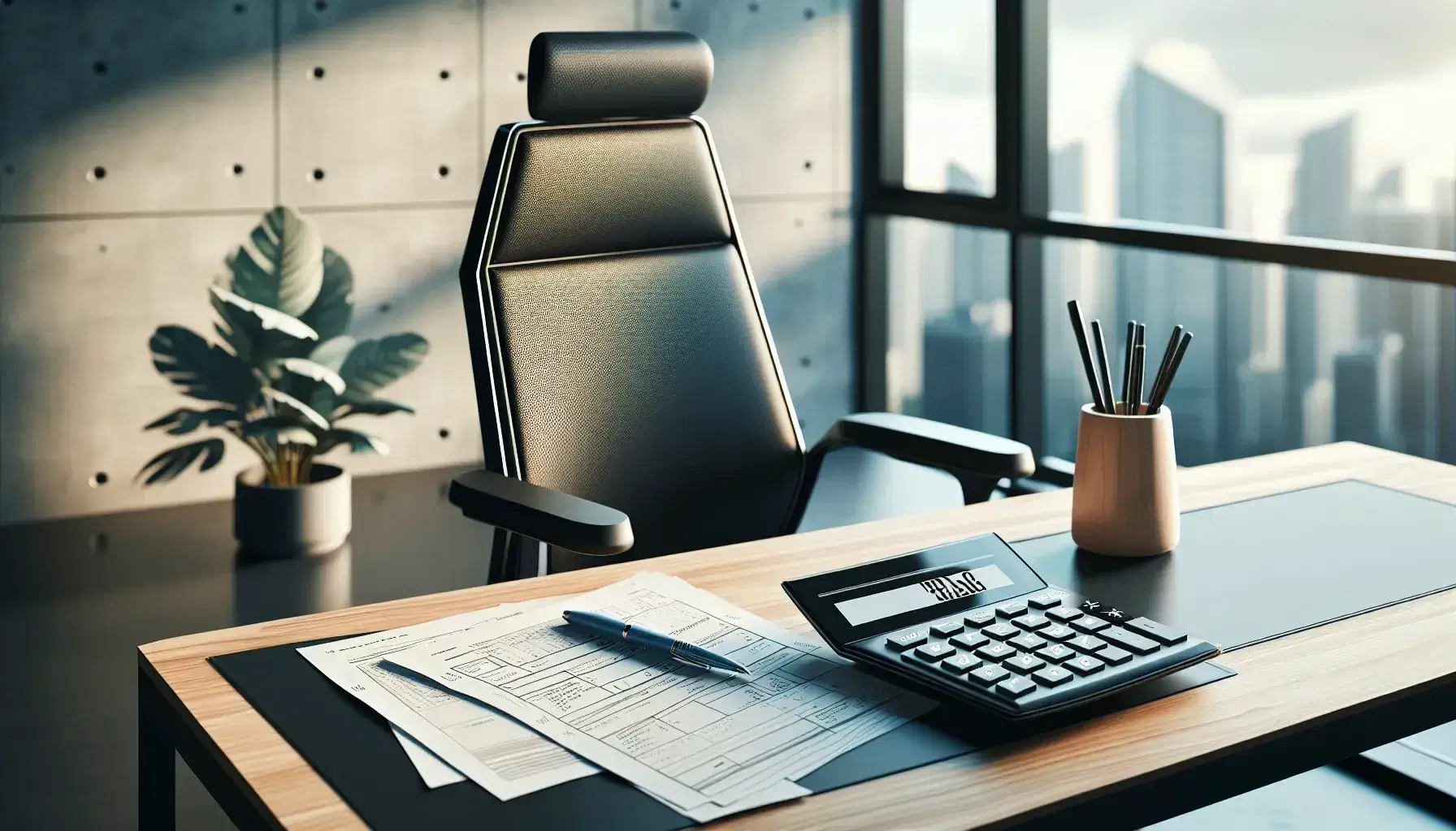 Escritorio de madera claro con calculadora negra, papeles y bolígrafo azul en oficina moderna iluminada con silla ergonómica y planta junto a ventana.