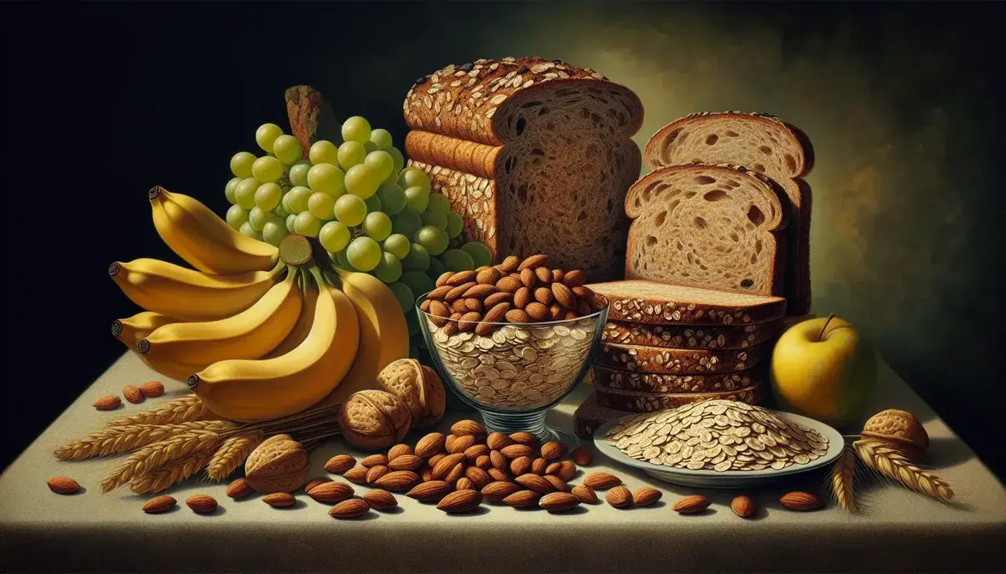 Tavola rustica con alimenti ricchi di carboidrati e lipidi: pane integrale, fiocchi d'avena, banane mature, uva verde, frutta secca, olio d'oliva e burro.