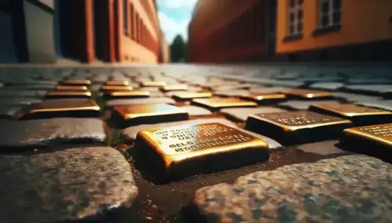 Stolpersteine in ottone incastonati su selciato con sfondo sfocato di edificio in mattoni rossi e cielo azzurro.