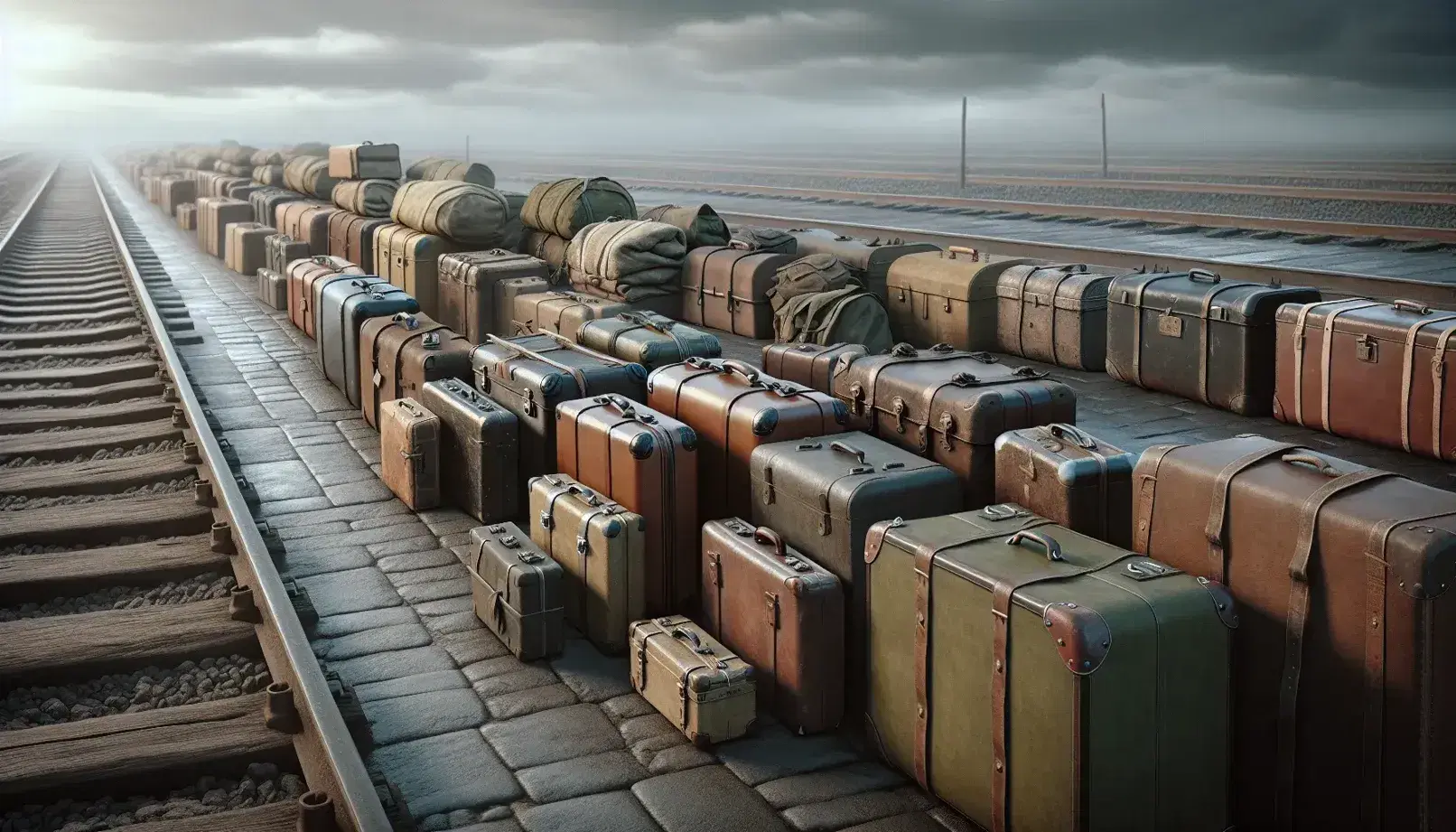 Valigie vintage allineate su pavimento in pietra con binario ferroviario sullo sfondo e cielo nuvoloso.