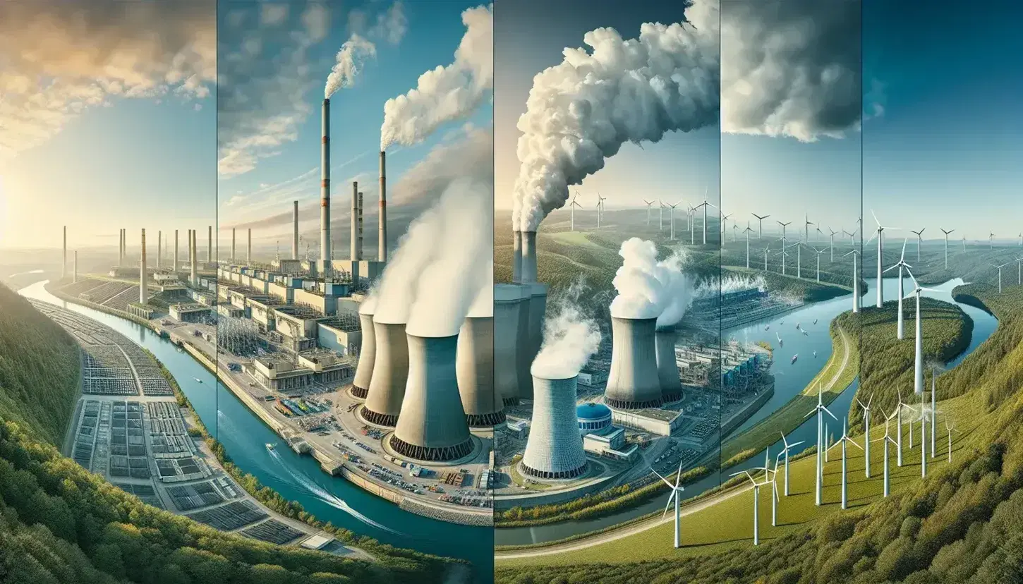 Panorámica de generación de energía con planta térmica, central nuclear, presa hidroeléctrica y aerogeneradores en paisaje diurno.