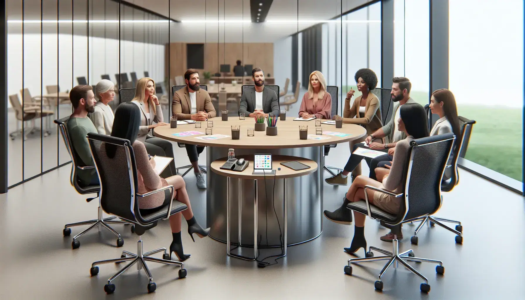 Diverse focus group engaging in discussion around a round table with colorful notes, markers, and voice recorders, in a well-lit room with a one-way mirror.