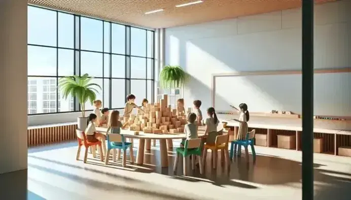 Aula luminosa con estudiantes alrededor de una mesa redonda mirando bloques de construcción de madera, junto a una pizarra blanca y una planta interior.