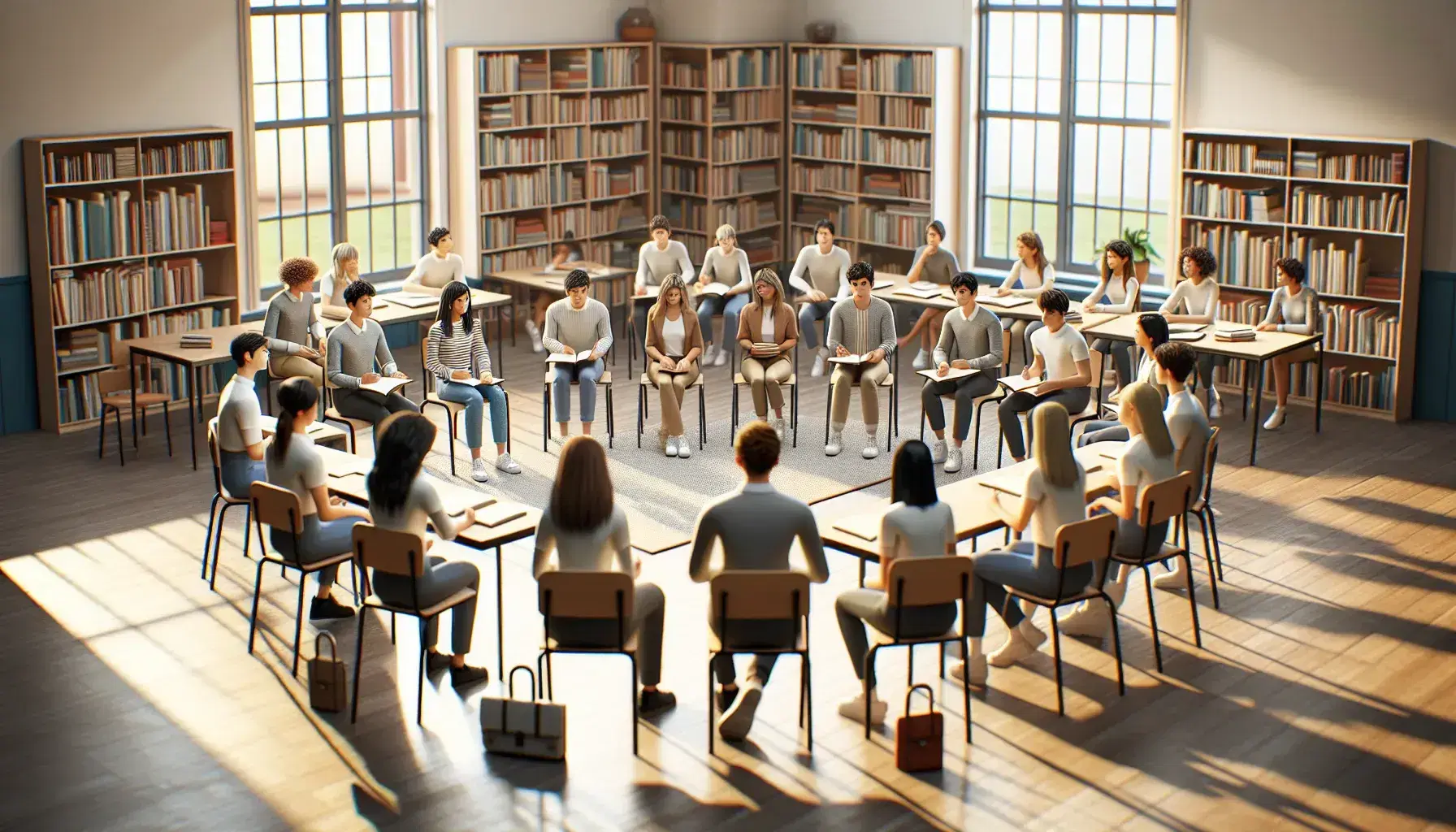 Students of various ages sitting in a semi-circle in the classroom while a teacher in the center facilitates a discussion, sunlit classroom with shelves of books.