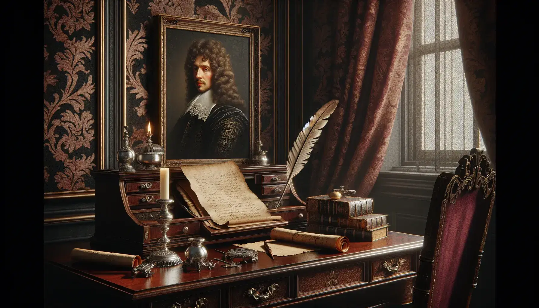 Scrivania barocca in legno scuro con calamaio d'argento, penna d'oca e libro antico aperto, sotto ritratto stilizzato d'epoca e dettagli raffinati.