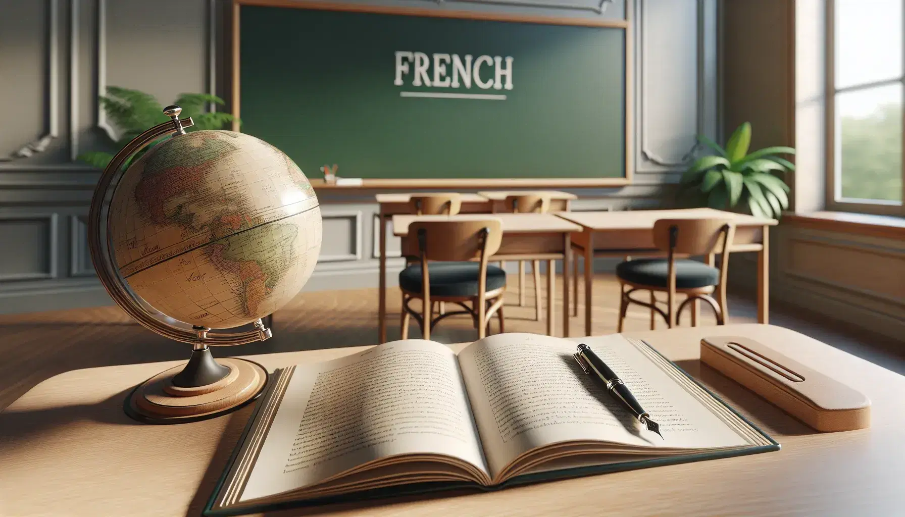 Serene French language classroom with a polished desk, open textbook, fountain pen, clean chalkboard, globe on a round table, and a potted plant by the window.