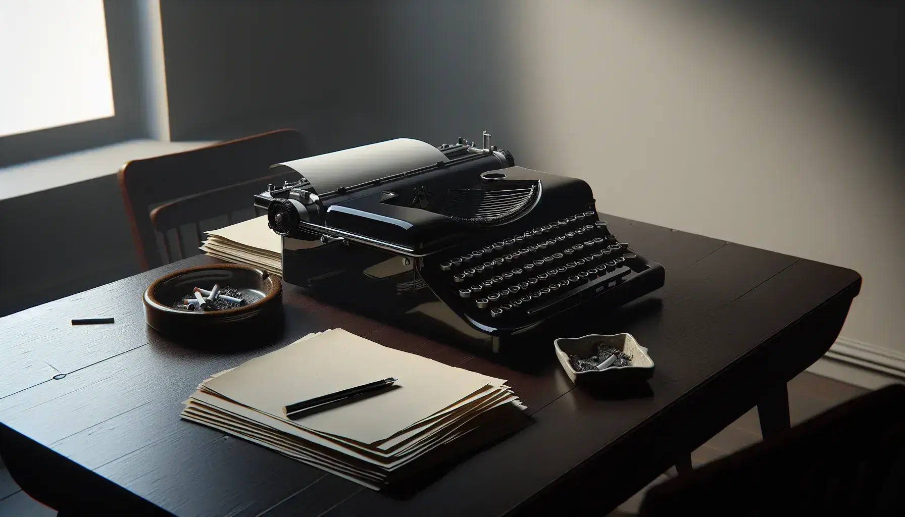 Máquina de escribir antigua negra con teclas blancas sobre mesa de madera oscura, papeles desordenados al lado y cenicero de cerámica sin cigarrillos.