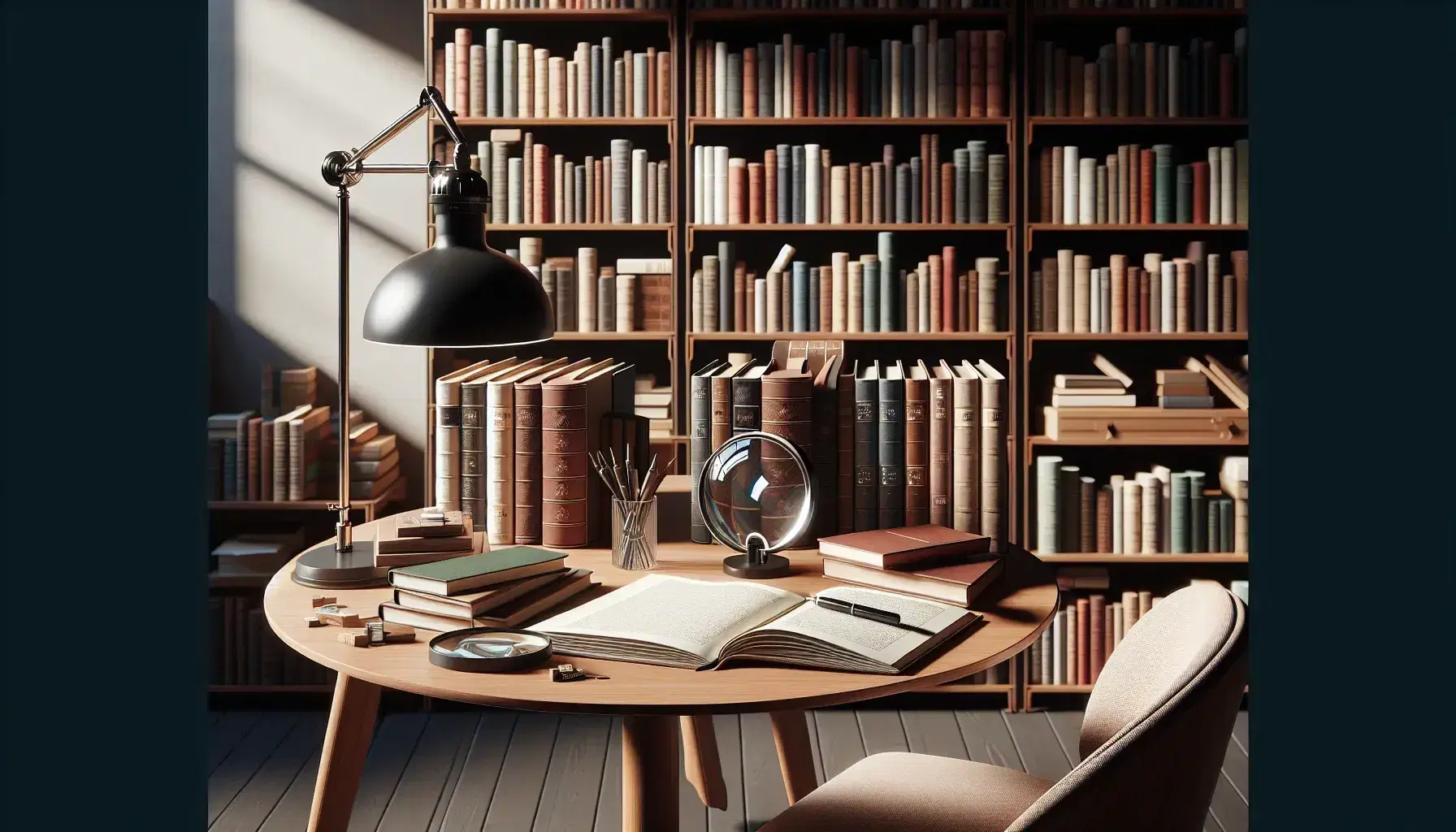 Biblioteca acogedora con estantes de madera repletos de libros, mesa con libros abiertos, lupa y pluma fuente, silla y lámpara de escritorio, ventana al fondo.