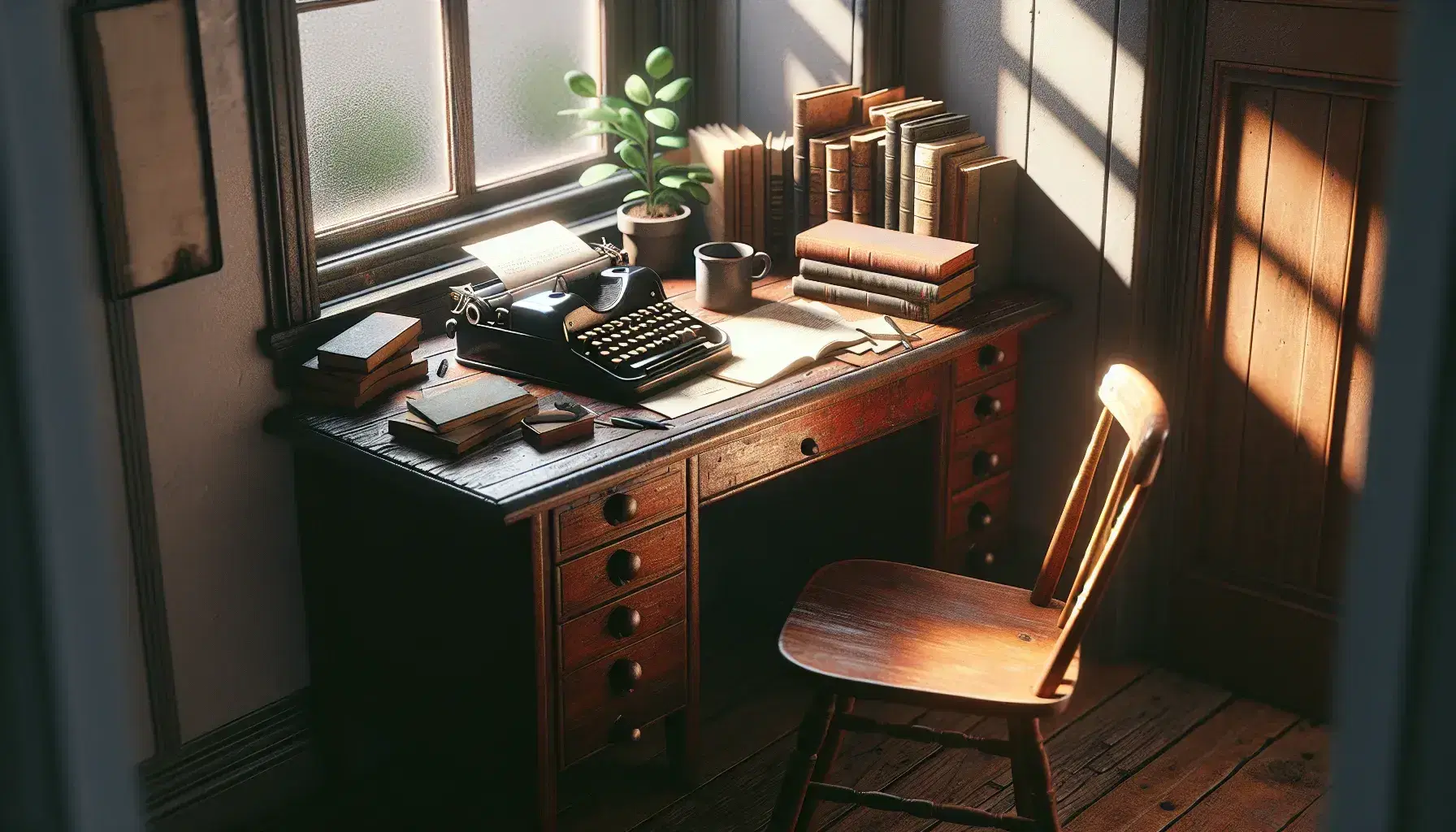 Vintage typewriter on a polished wooden desk with an open book, a potted plant, and a wooden chair by a window with cream curtains and soft natural light.