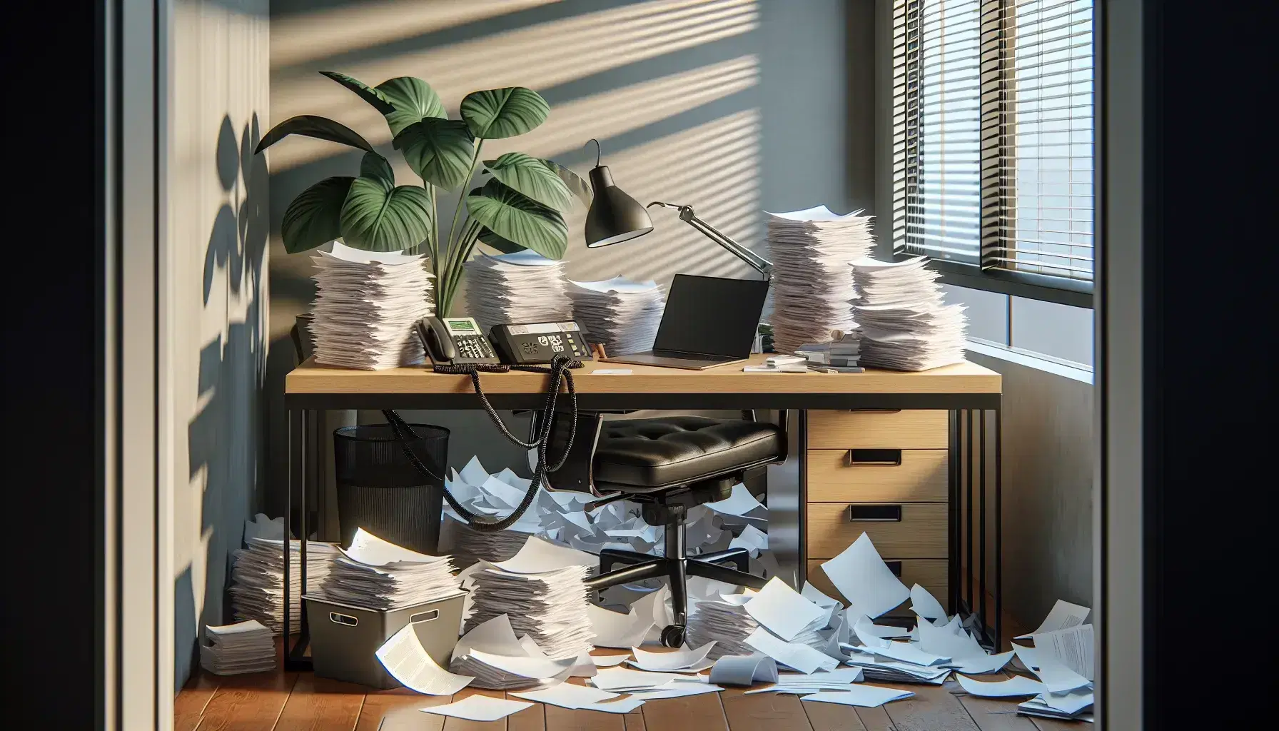 Messy office with wooden desk full of papers, black phone out of place, open silver laptop and black ergonomic chair, green plant on background.