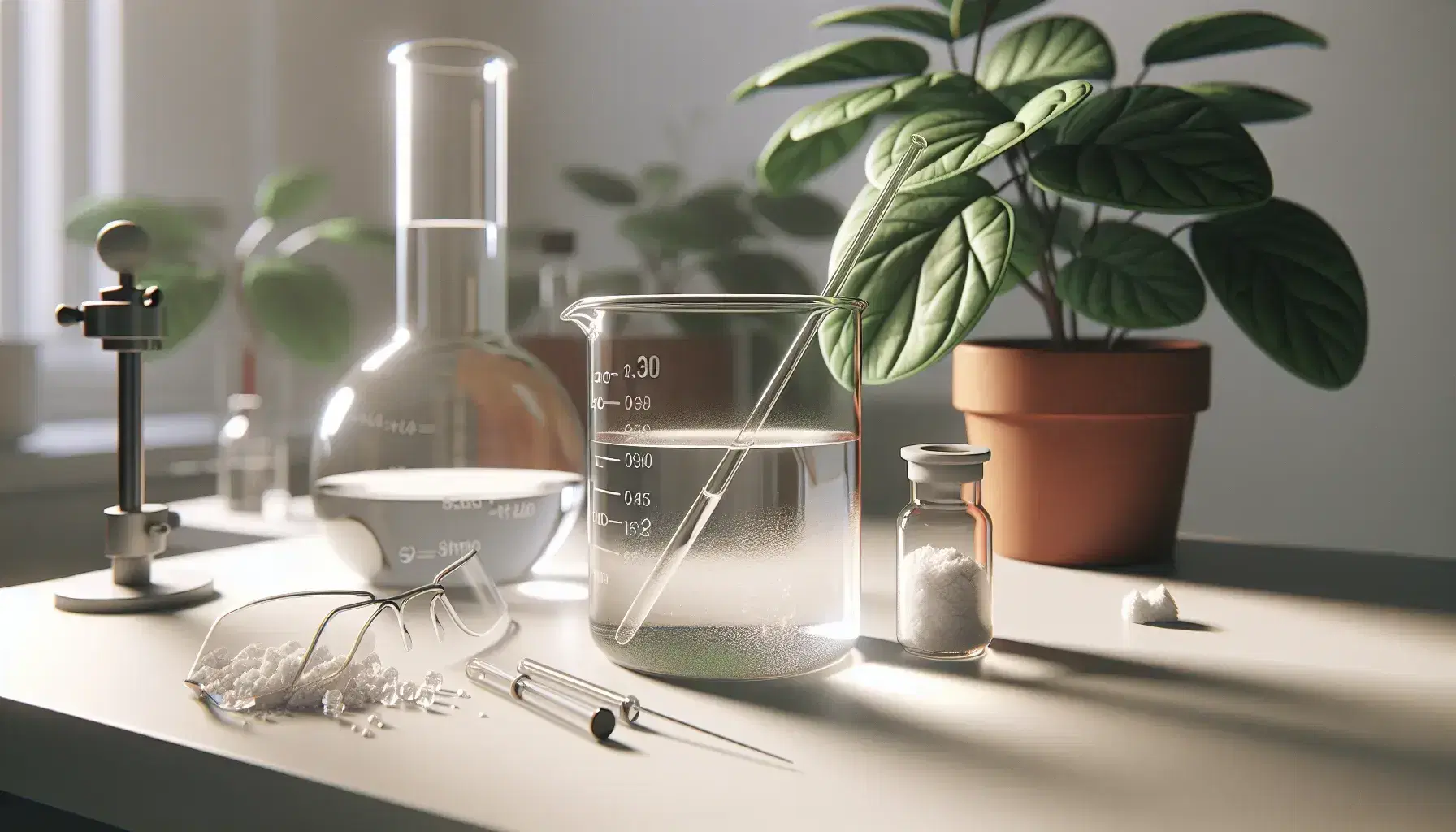 Glass beaker with colorless liquid and stirring rod, vial with white crystals, safety glasses and green plant on laboratory bench.