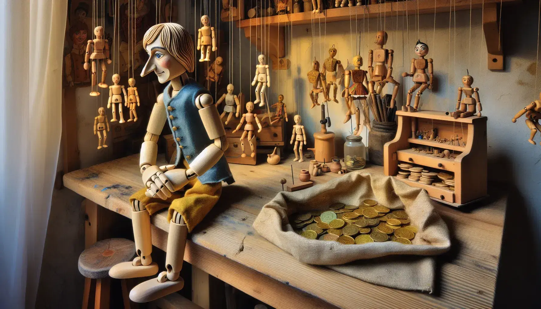 Burattino di legno con giacca blu e pantaloni gialli seduto su banco da lavoro, circondato da marionette e sacchetto con monete d'oro.